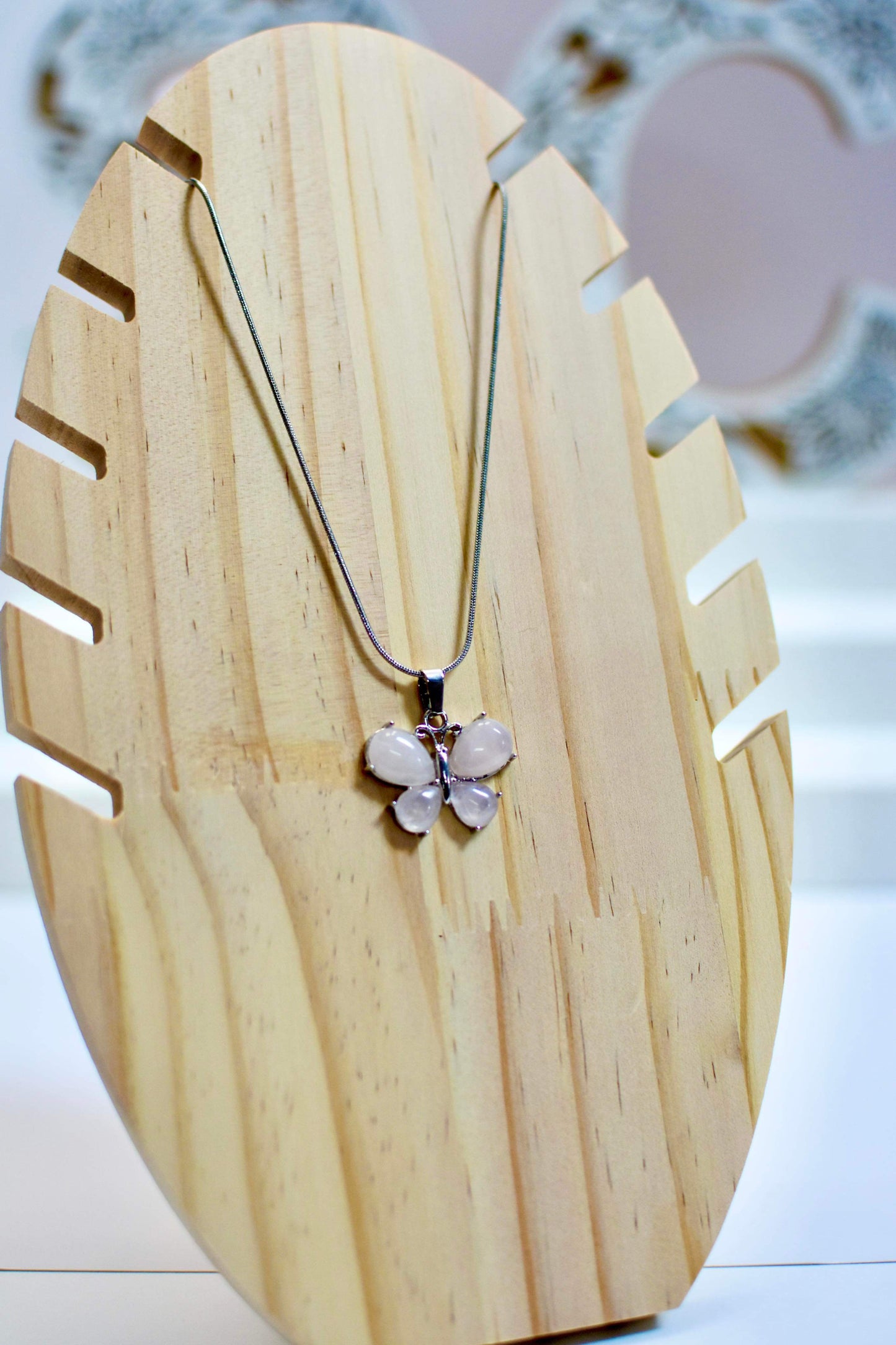 Stainless Steel Butterfly Rose Quartz Necklace