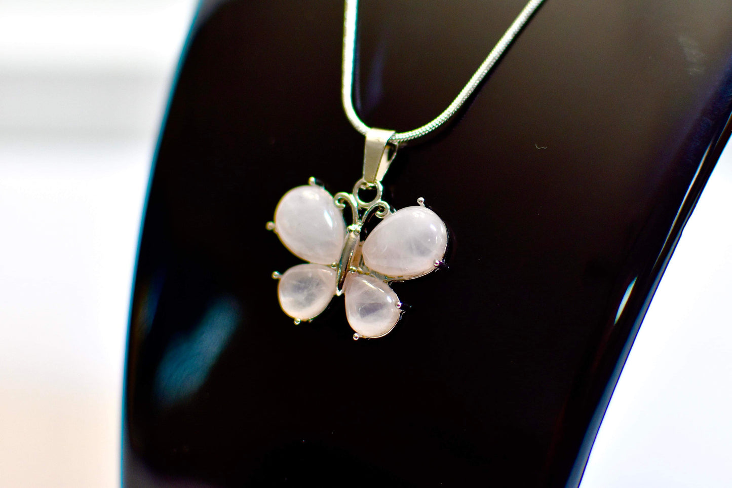 Stainless Steel Butterfly Rose Quartz Necklace