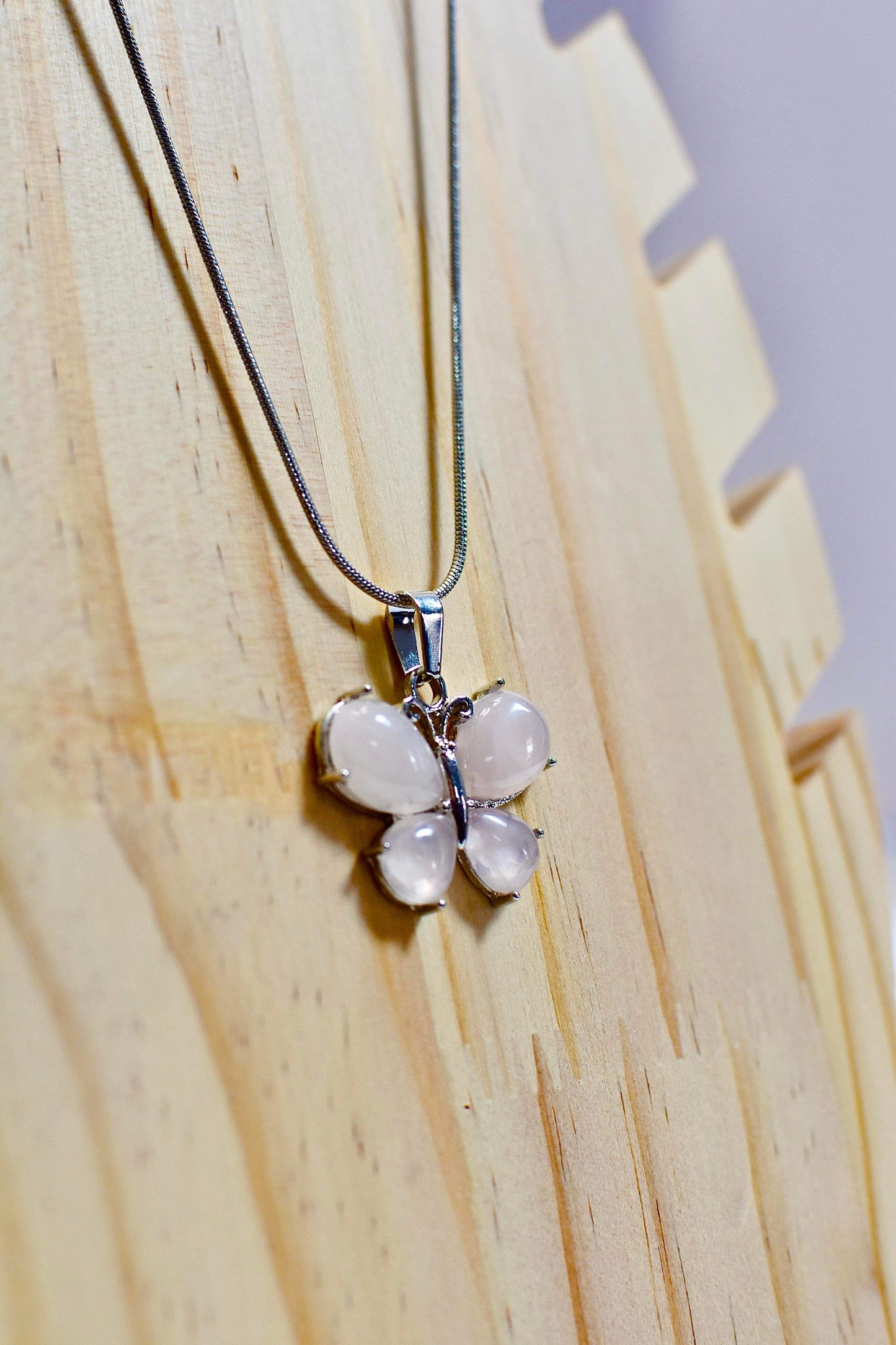 Stainless Steel Butterfly Rose Quartz Necklace